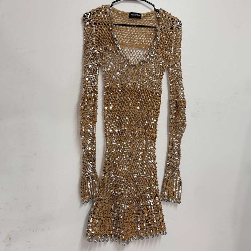 Retrofête Sequin Crochet Shell Embellished Dress Crochet Beach Dress bikinicover - Picture 2 of 9